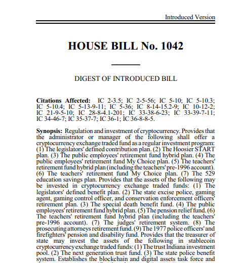 Indiana Bill Would Mandate Bitcoin in Pensions and Shield Self-Custody Rights