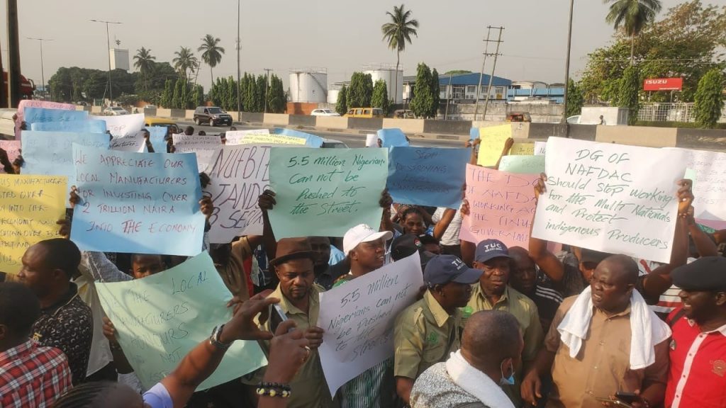 PHOTOS: Distillers, NLC, TUC protest ban on sachet alcohol at NAFDAC office